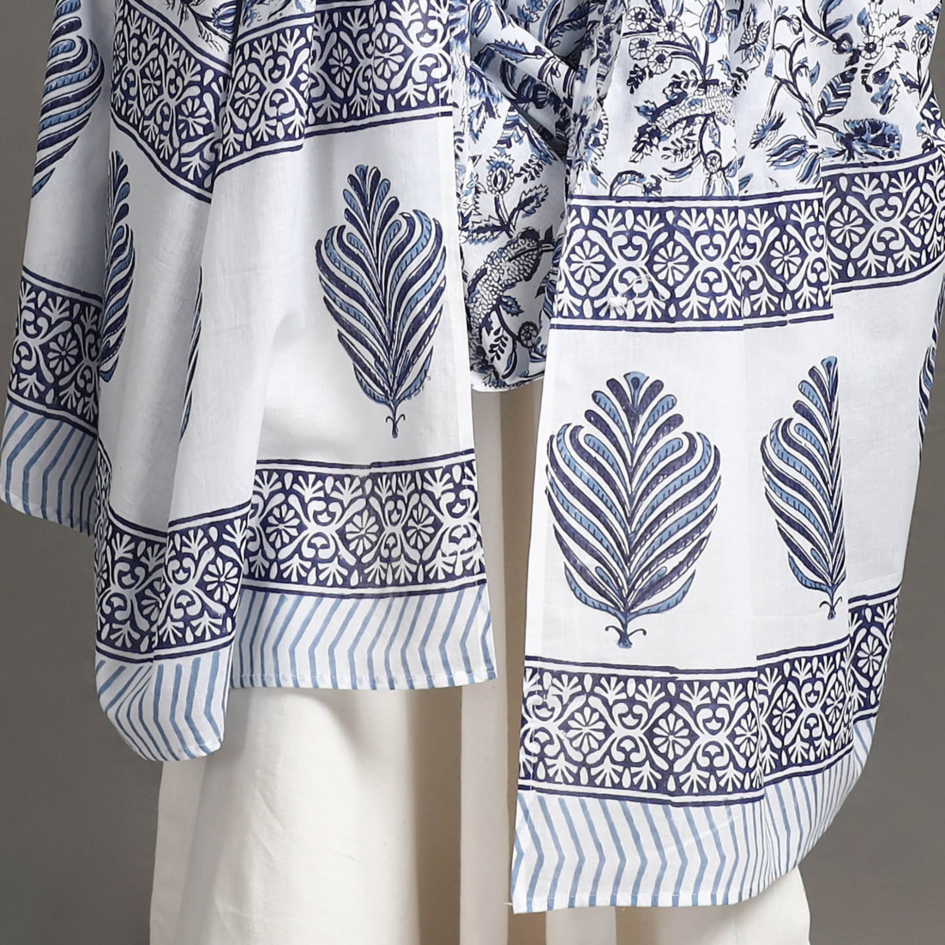 Blue - Block Print Cotton Sanganeri Floral Dupatta 10