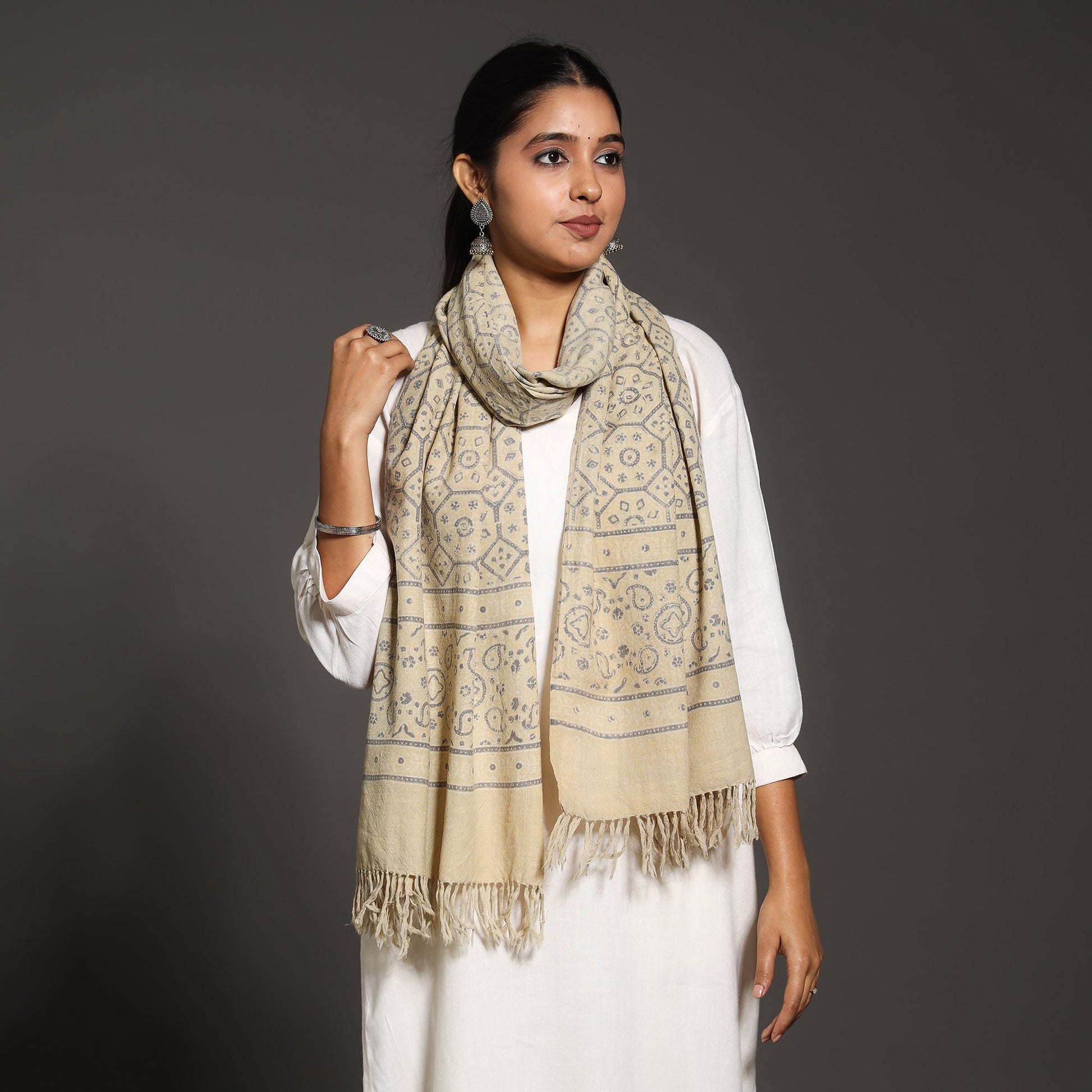 Beige - Kutch Handwoven Block Print Wool Ajrakh Stole