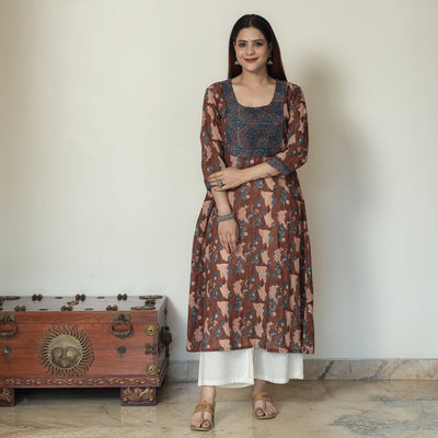 Brown - Ajrakh Block Printed Mul Cotton A-Line Kurta 10
