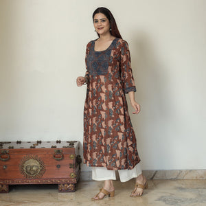 Brown - Ajrakh Block Printed Mul Cotton A-Line Kurta 10