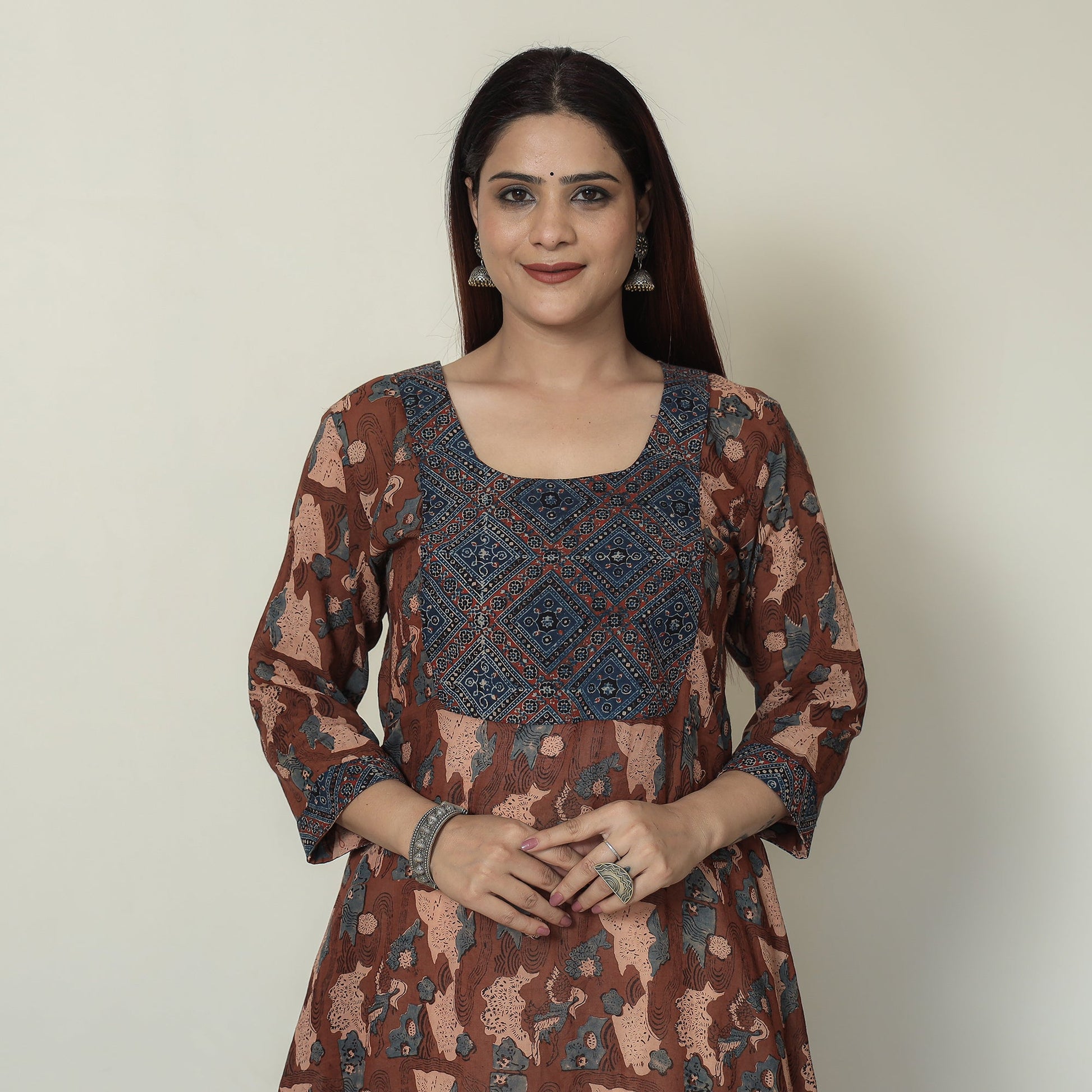 Brown - Ajrakh Block Printed Mul Cotton A-Line Kurta 10