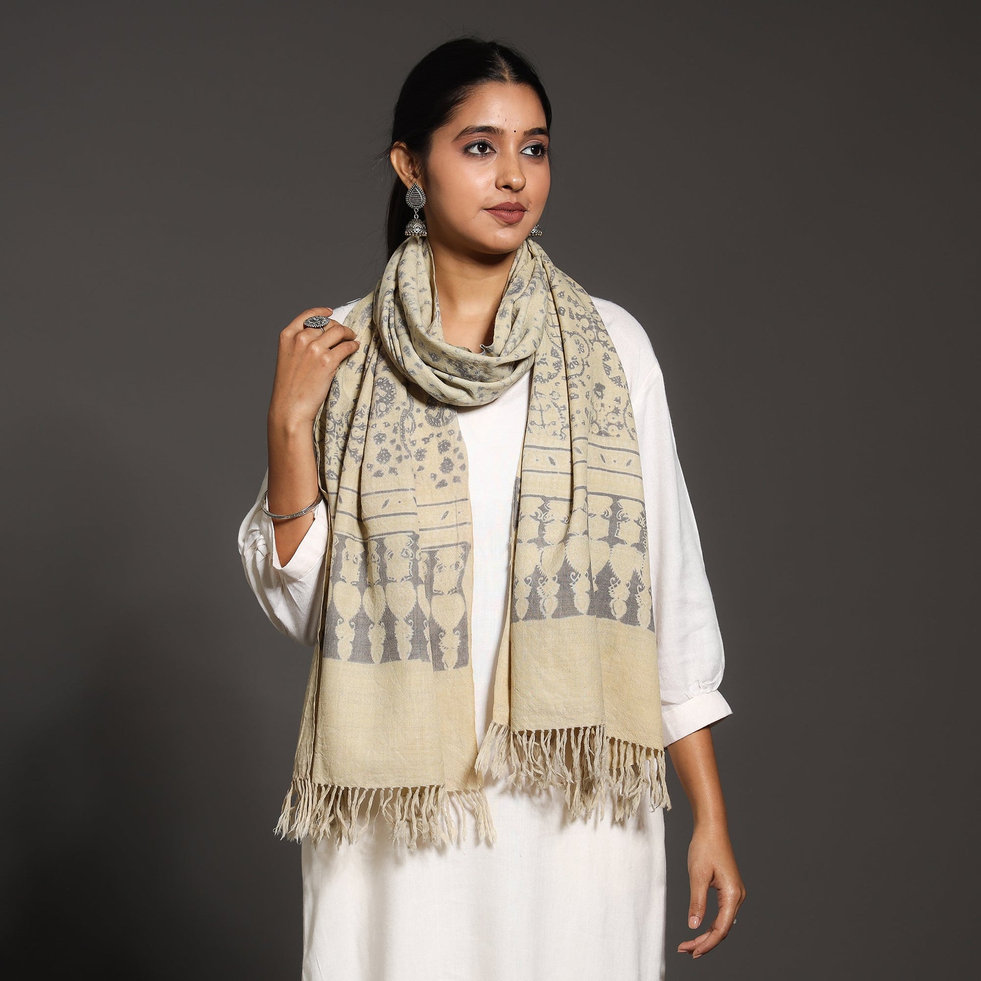 Beige - Kutch Handwoven Block Print Wool Ajrakh Stole