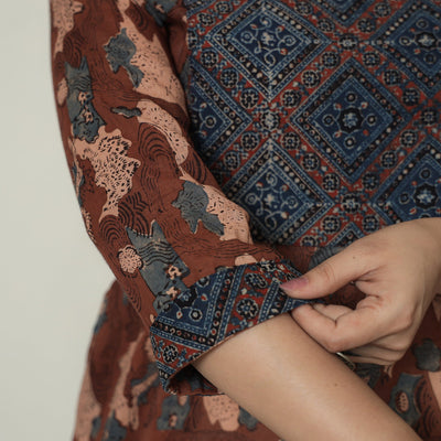 Brown - Ajrakh Block Printed Mul Cotton A-Line Kurta 10