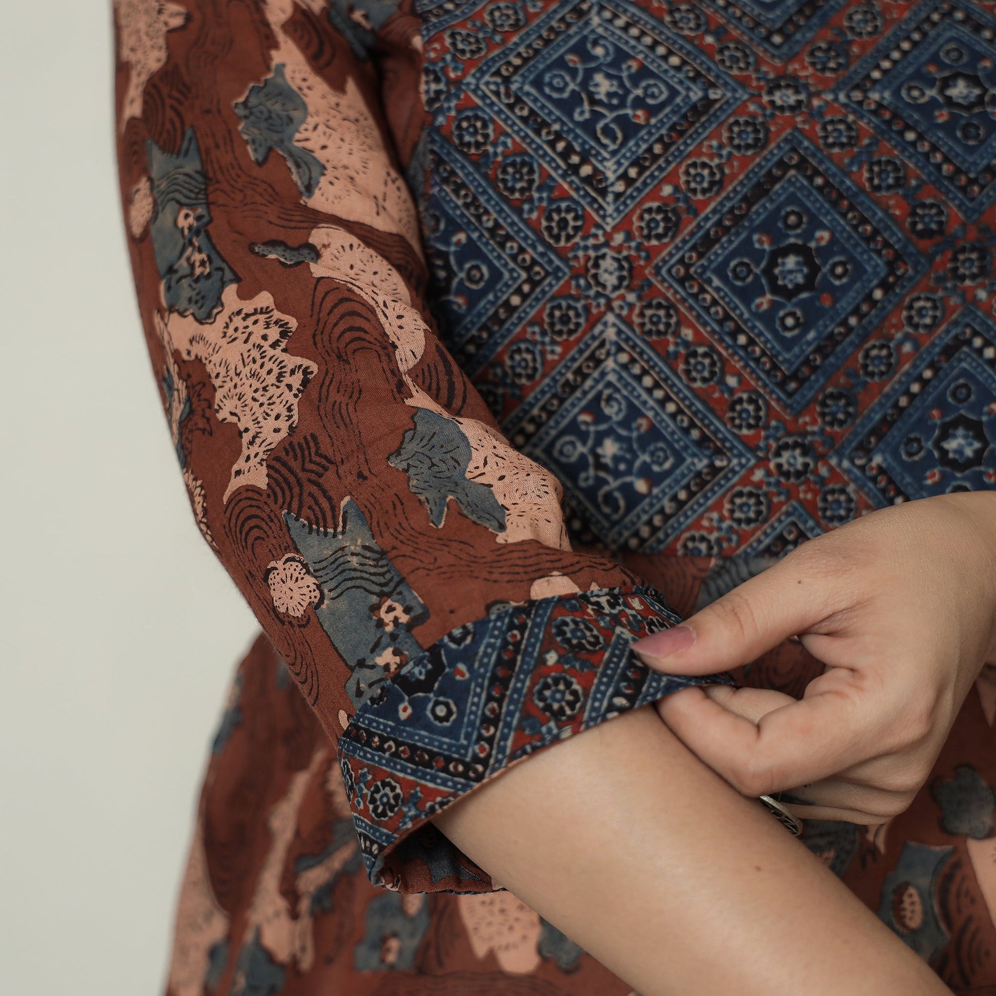 Brown - Ajrakh Block Printed Mul Cotton A-Line Kurta 10