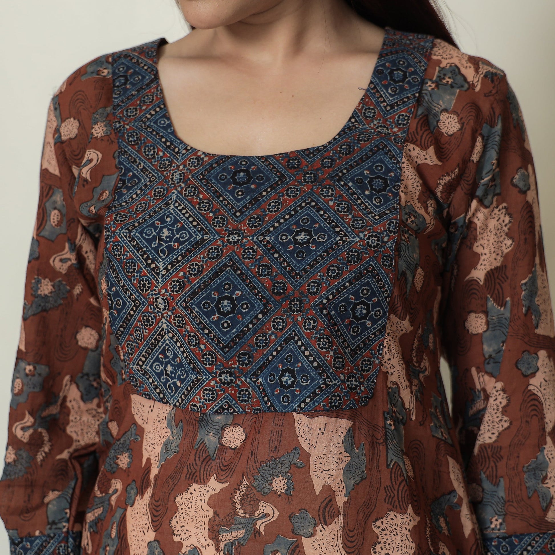 Brown - Ajrakh Block Printed Mul Cotton A-Line Kurta 10