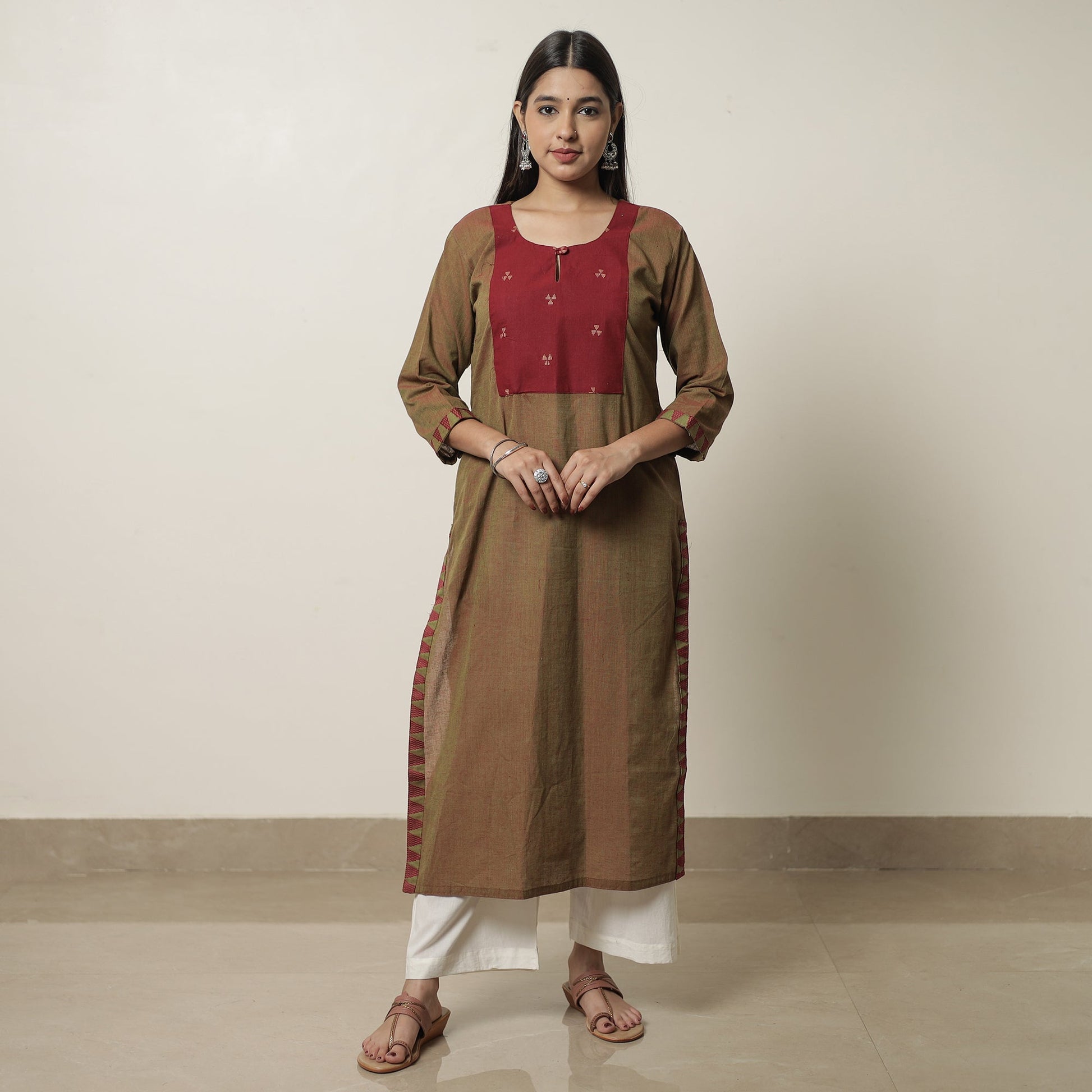 Brown - Dharwad Cotton Straight Kurta with Jacquard Patchwork 19