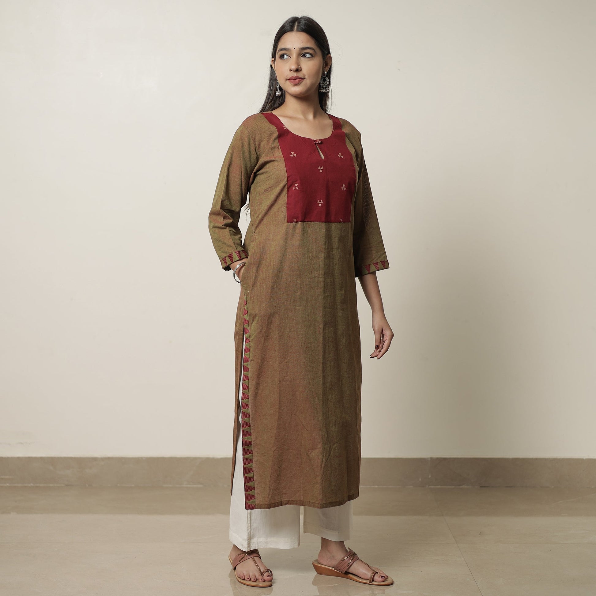 Brown - Dharwad Cotton Straight Kurta with Jacquard Patchwork 19