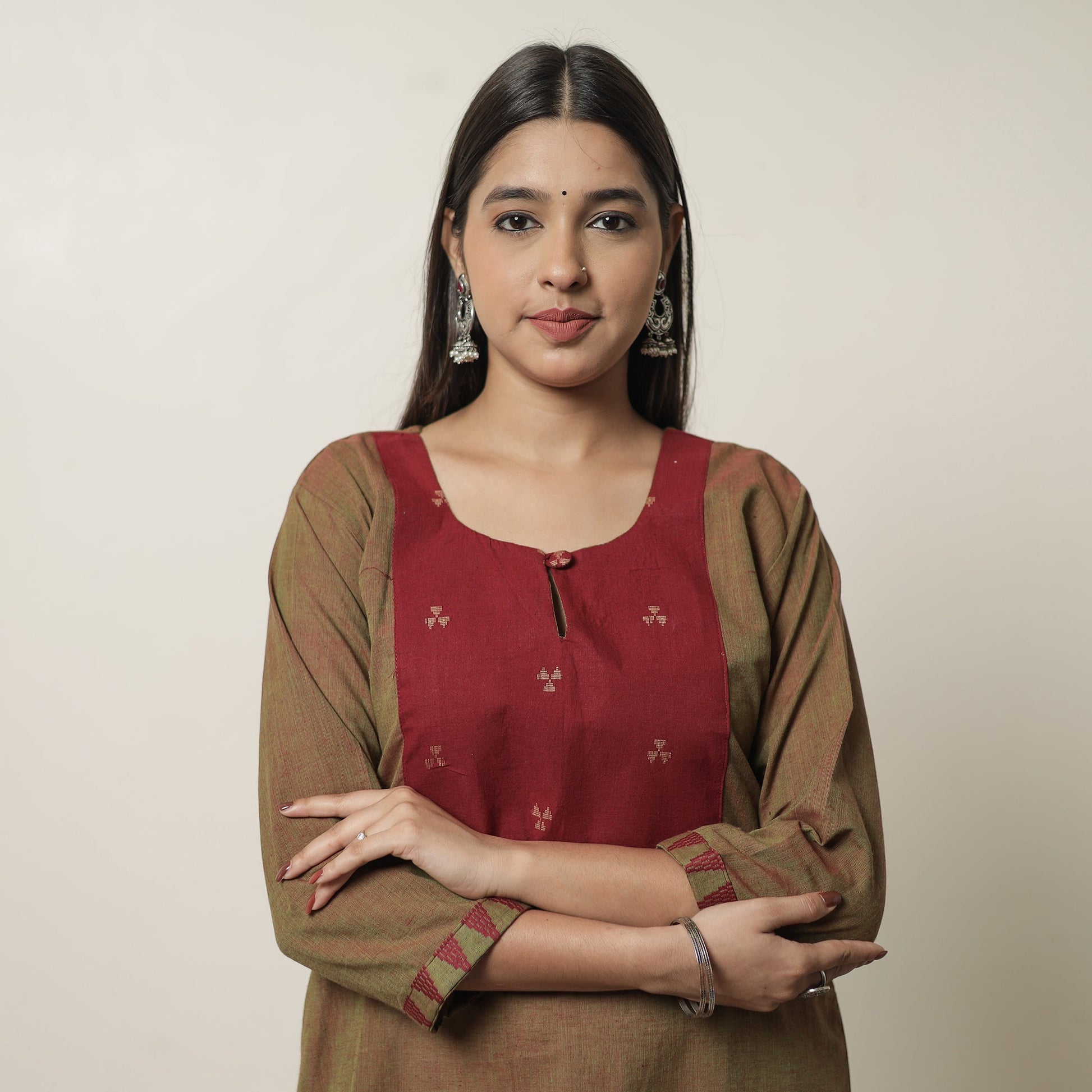 Brown - Dharwad Cotton Straight Kurta with Jacquard Patchwork 19
