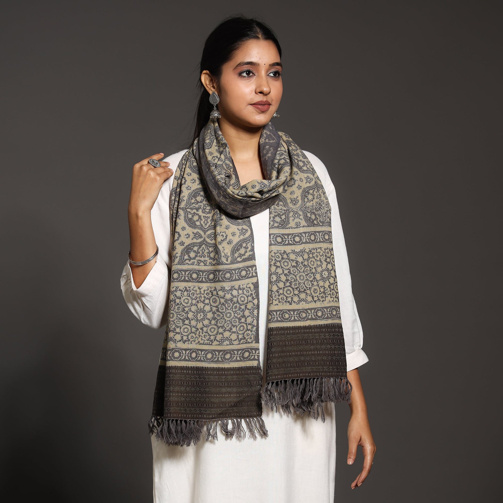 Beige - Kutch Handwoven Block Print Wool Ajrakh Stole