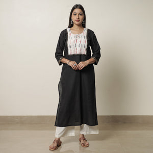 Black - Dharwad Cotton Straight Kurta with Pintuck Ikat Patchwork 21