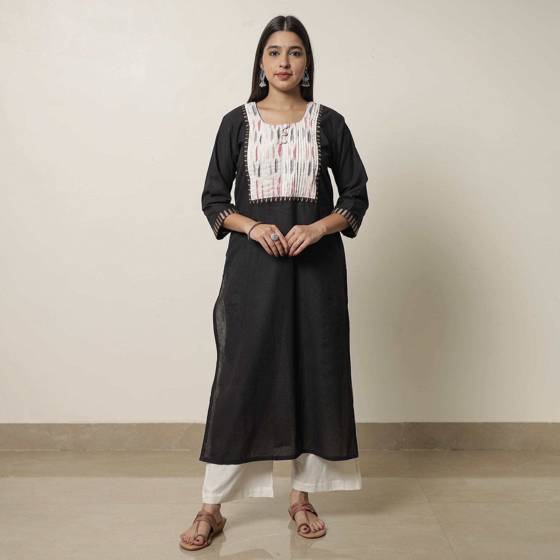 Black - Dharwad Cotton Straight Kurta with Pintuck Ikat Patchwork 21