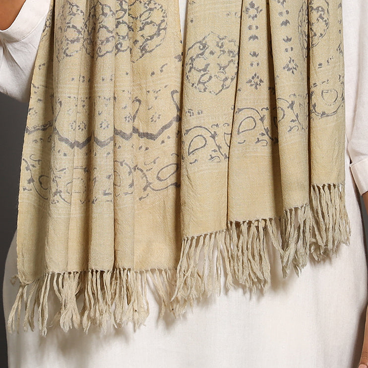 Beige - Kutch Handwoven Block Print Wool Ajrakh Stole