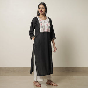 Black - Dharwad Cotton Straight Kurta with Pintuck Ikat Patchwork 21