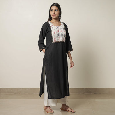 Black - Dharwad Cotton Straight Kurta with Pintuck Ikat Patchwork 21