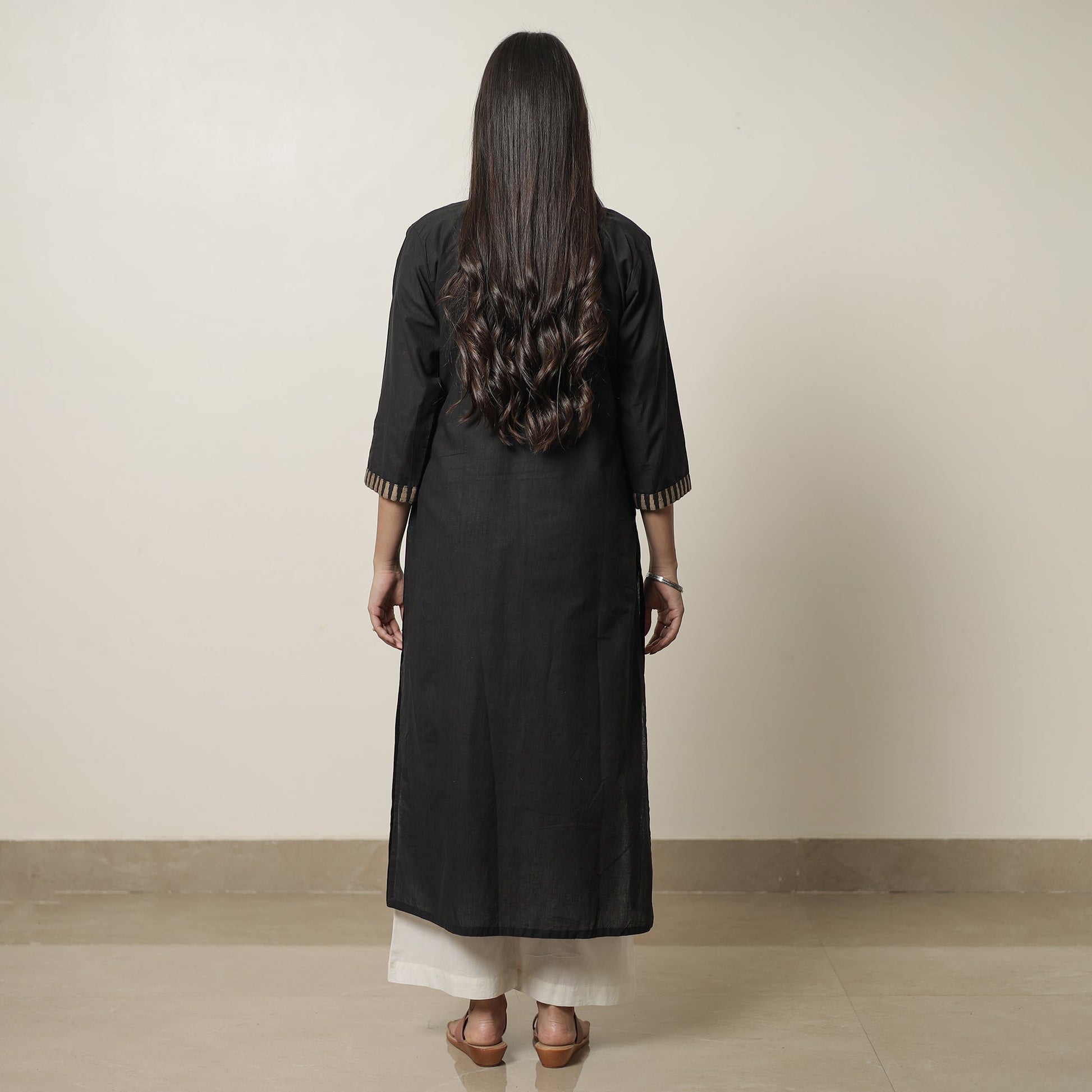 Black - Dharwad Cotton Straight Kurta with Pintuck Ikat Patchwork 21