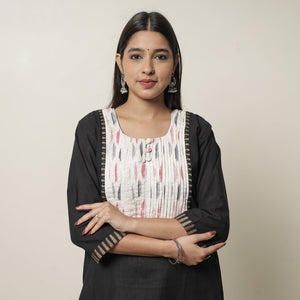 Black - Dharwad Cotton Straight Kurta with Pintuck Ikat Patchwork 21