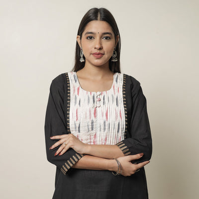 Black - Dharwad Cotton Straight Kurta with Pintuck Ikat Patchwork 21