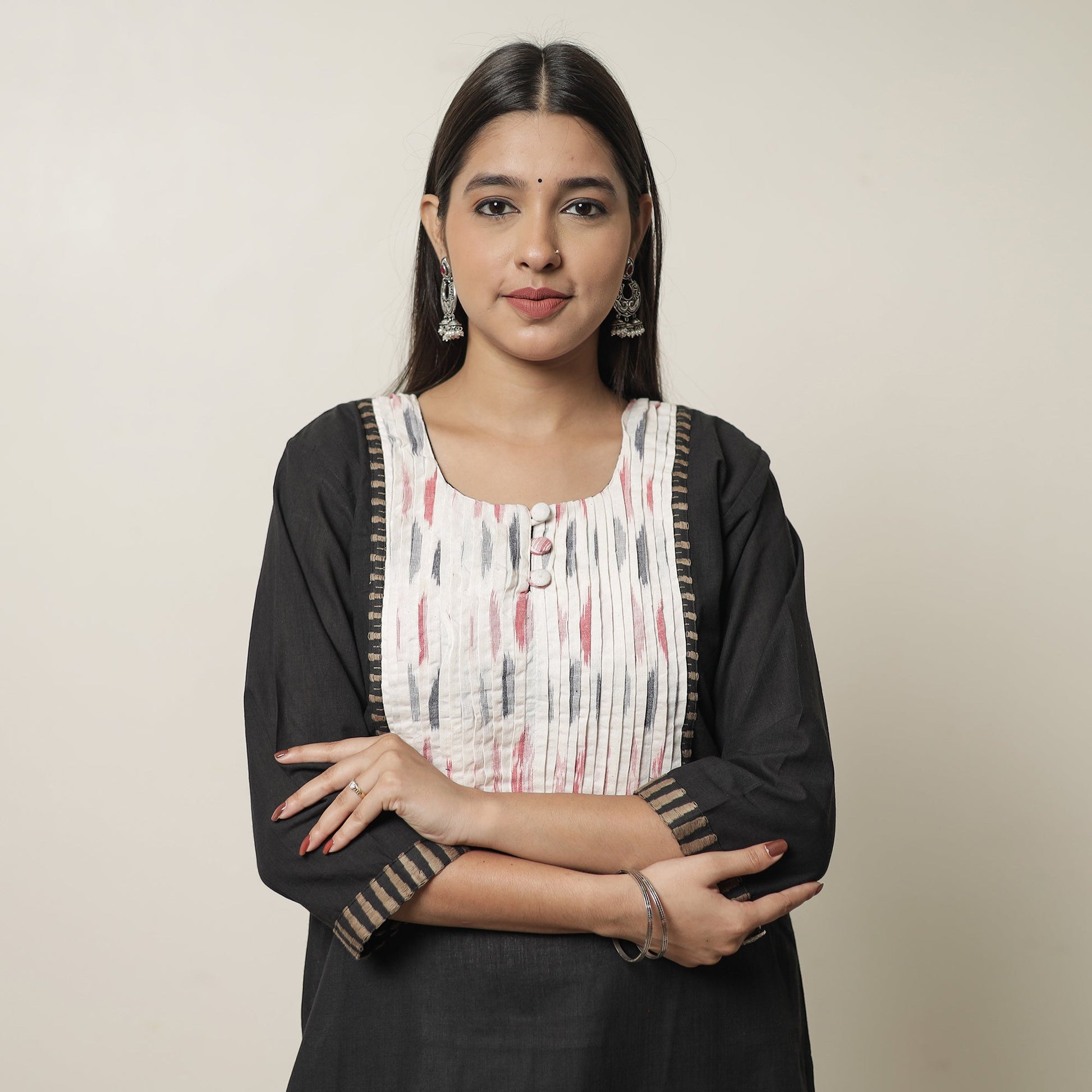 Black - Dharwad Cotton Straight Kurta with Pintuck Ikat Patchwork 21