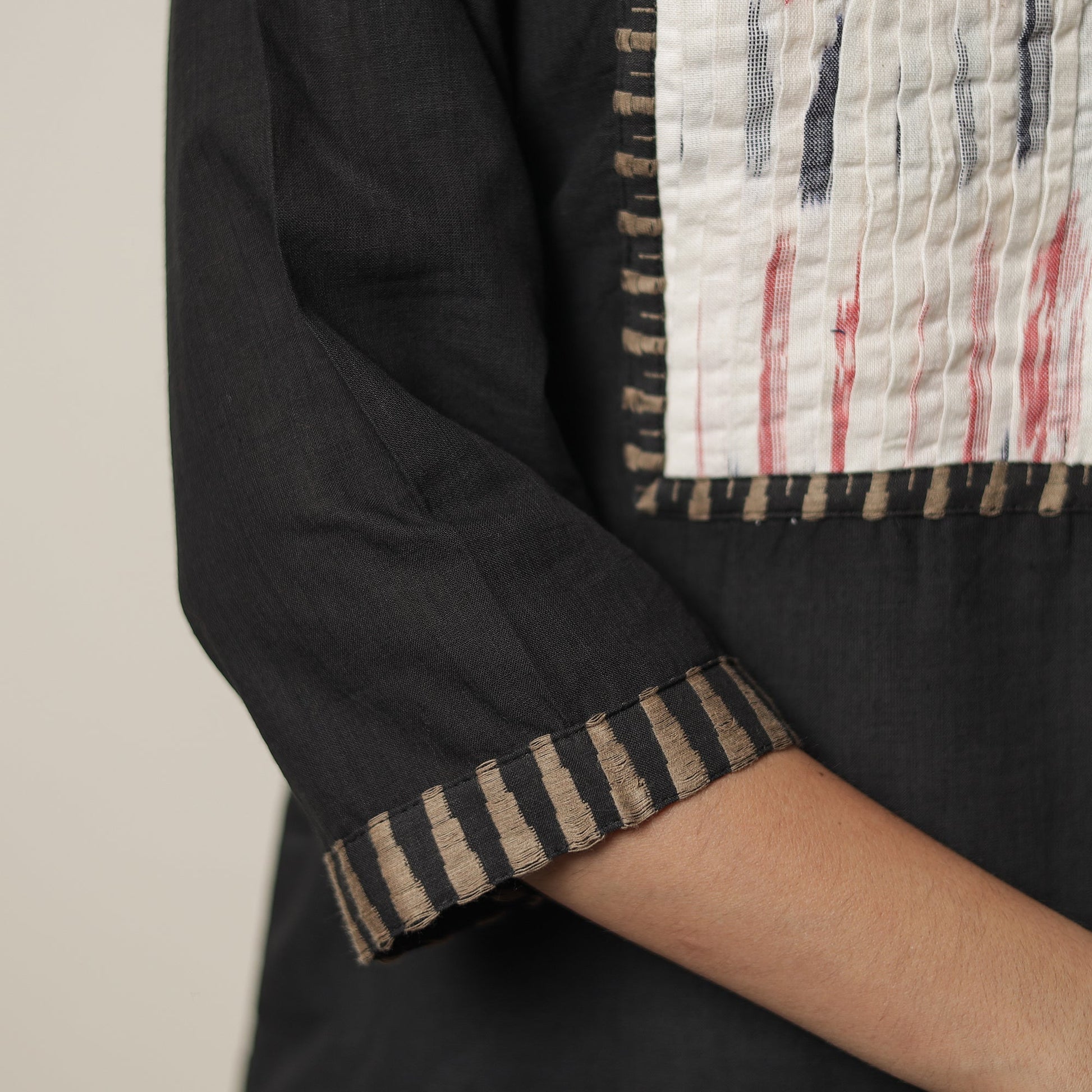 Black - Dharwad Cotton Straight Kurta with Pintuck Ikat Patchwork 21