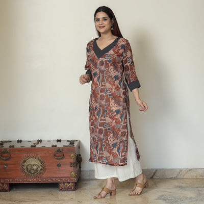 Brown - Ajrakh Block Printed Mul Cotton Straight Kurta 12