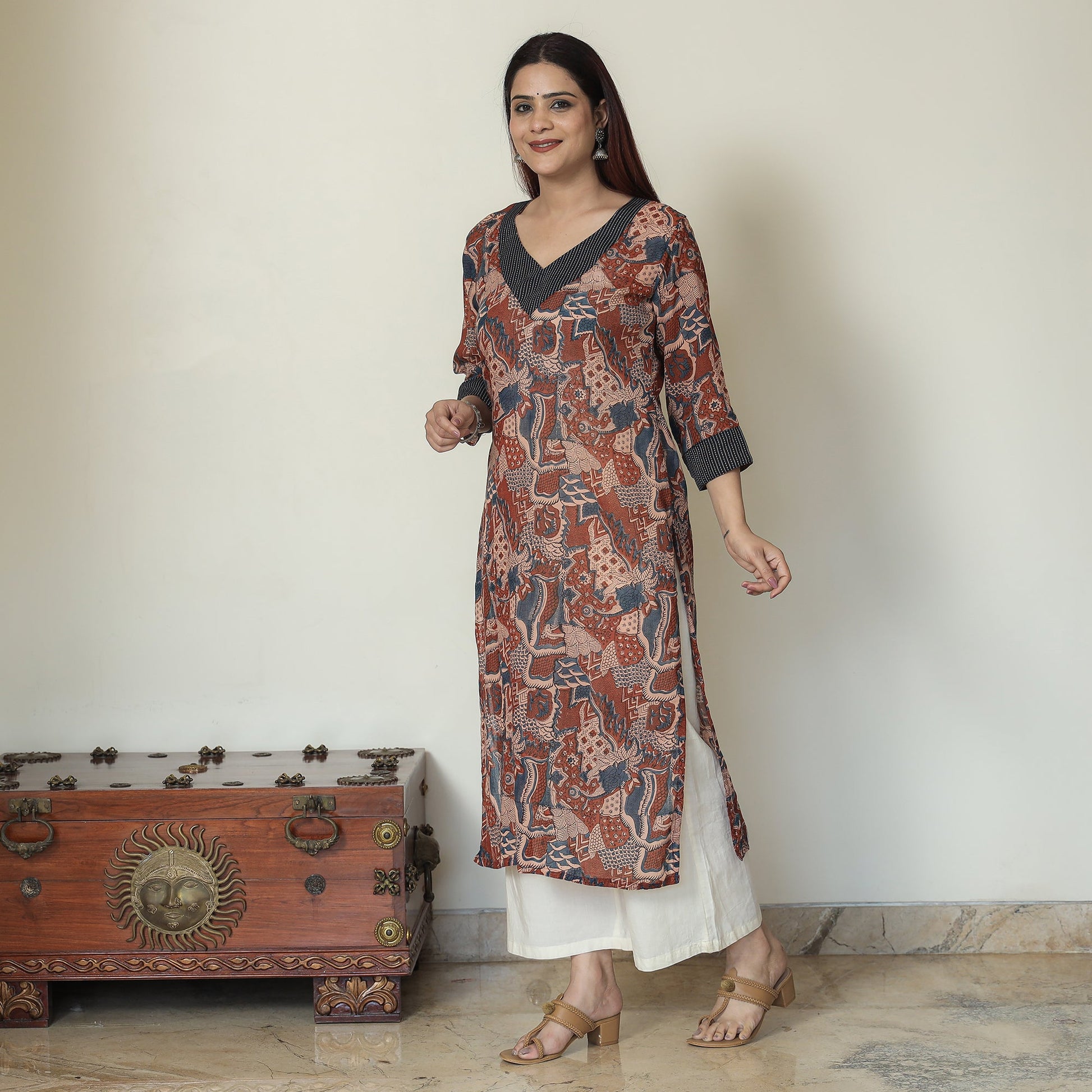 Brown - Ajrakh Block Printed Mul Cotton Straight Kurta 12