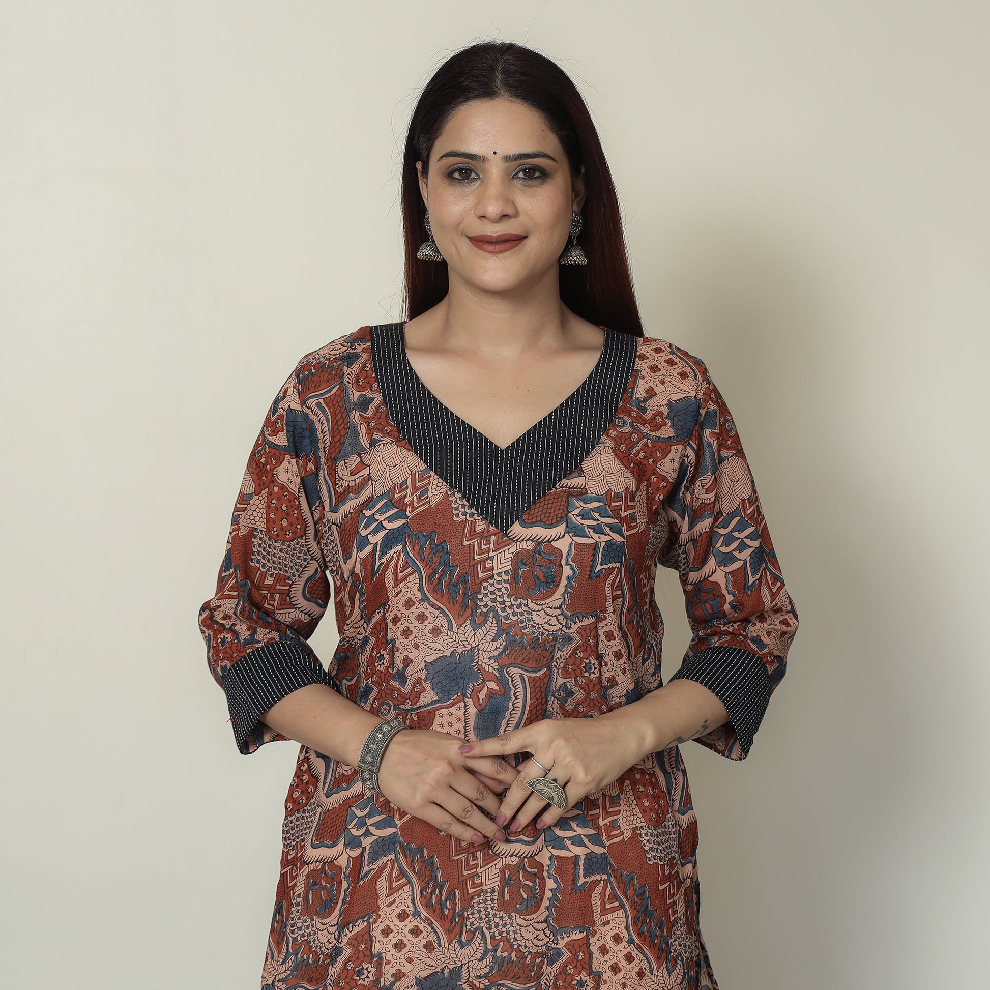 Brown - Ajrakh Block Printed Mul Cotton Straight Kurta 12