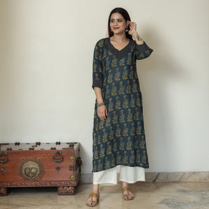 Blue - Ajrakh Block Printed Mul Cotton Straight Kurta 15