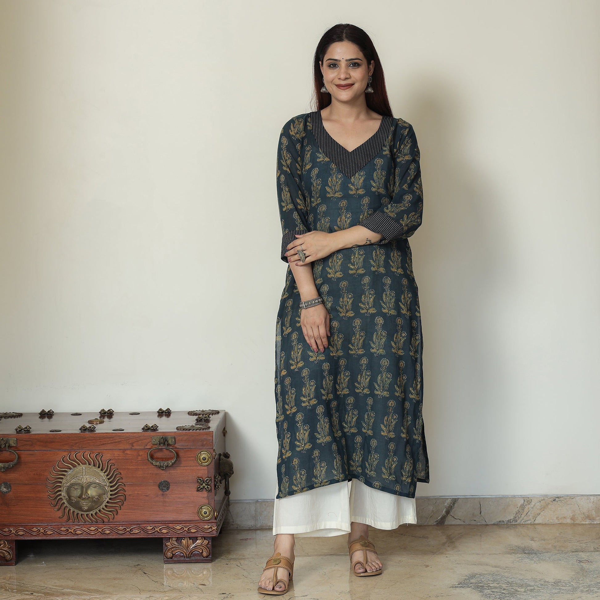 Blue - Ajrakh Block Printed Mul Cotton Straight Kurta 15