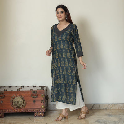 Blue - Ajrakh Block Printed Mul Cotton Straight Kurta 15