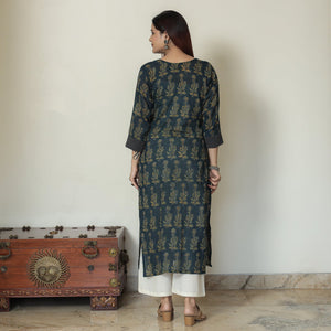 Blue - Ajrakh Block Printed Mul Cotton Straight Kurta 15