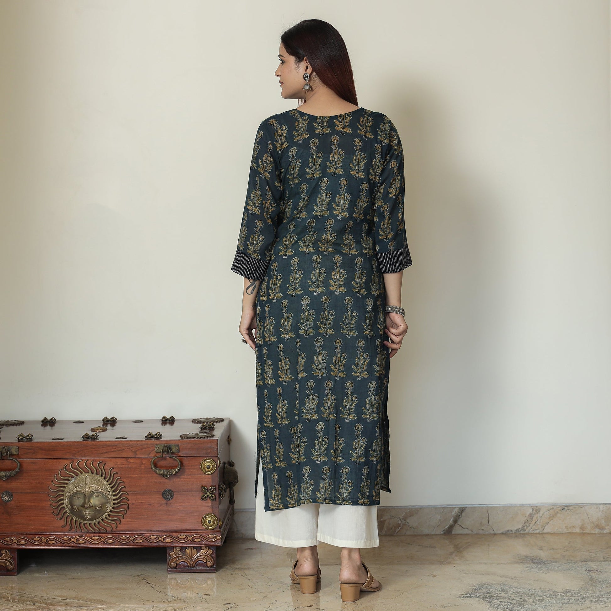Blue - Ajrakh Block Printed Mul Cotton Straight Kurta 15