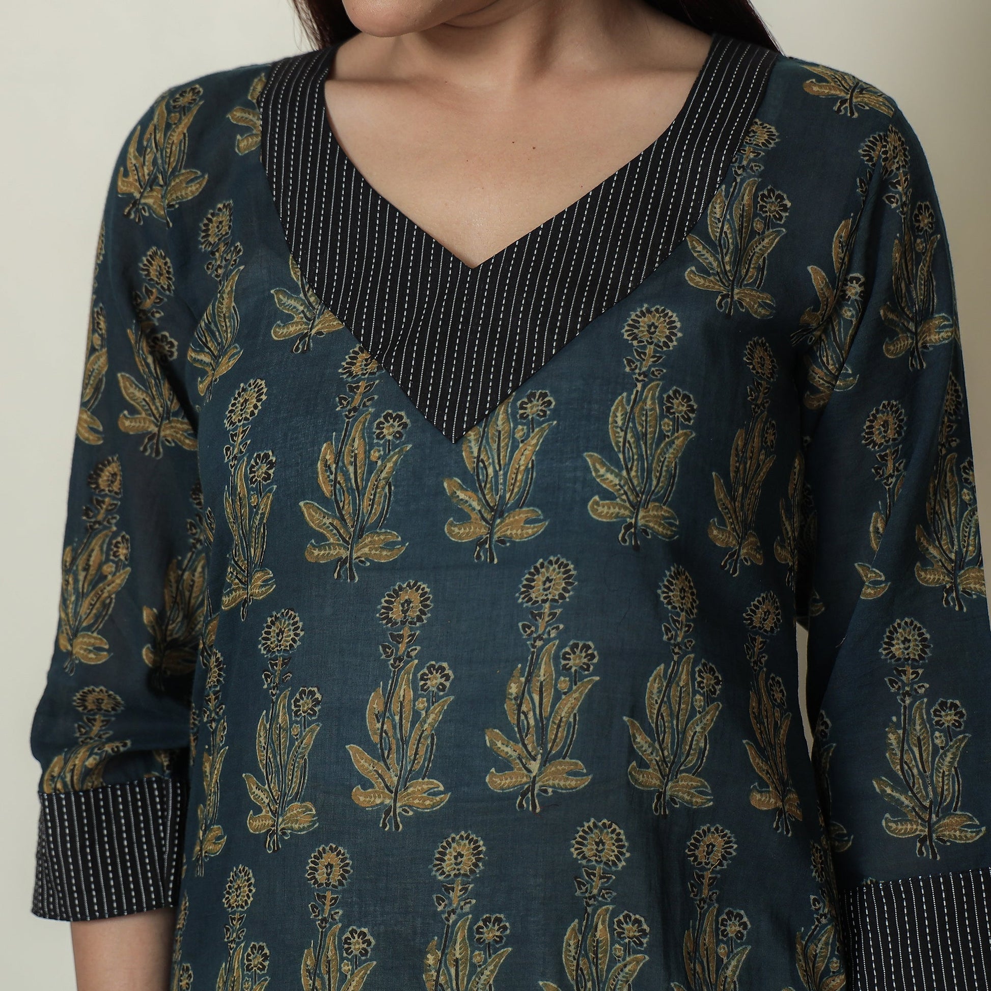 Blue - Ajrakh Block Printed Mul Cotton Straight Kurta 15