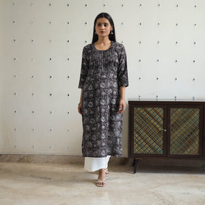 Black - Jahota Block Print Cotton Pintuck Straight Kurta 25