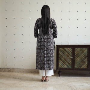 Black - Jahota Block Print Cotton Pintuck Straight Kurta 25