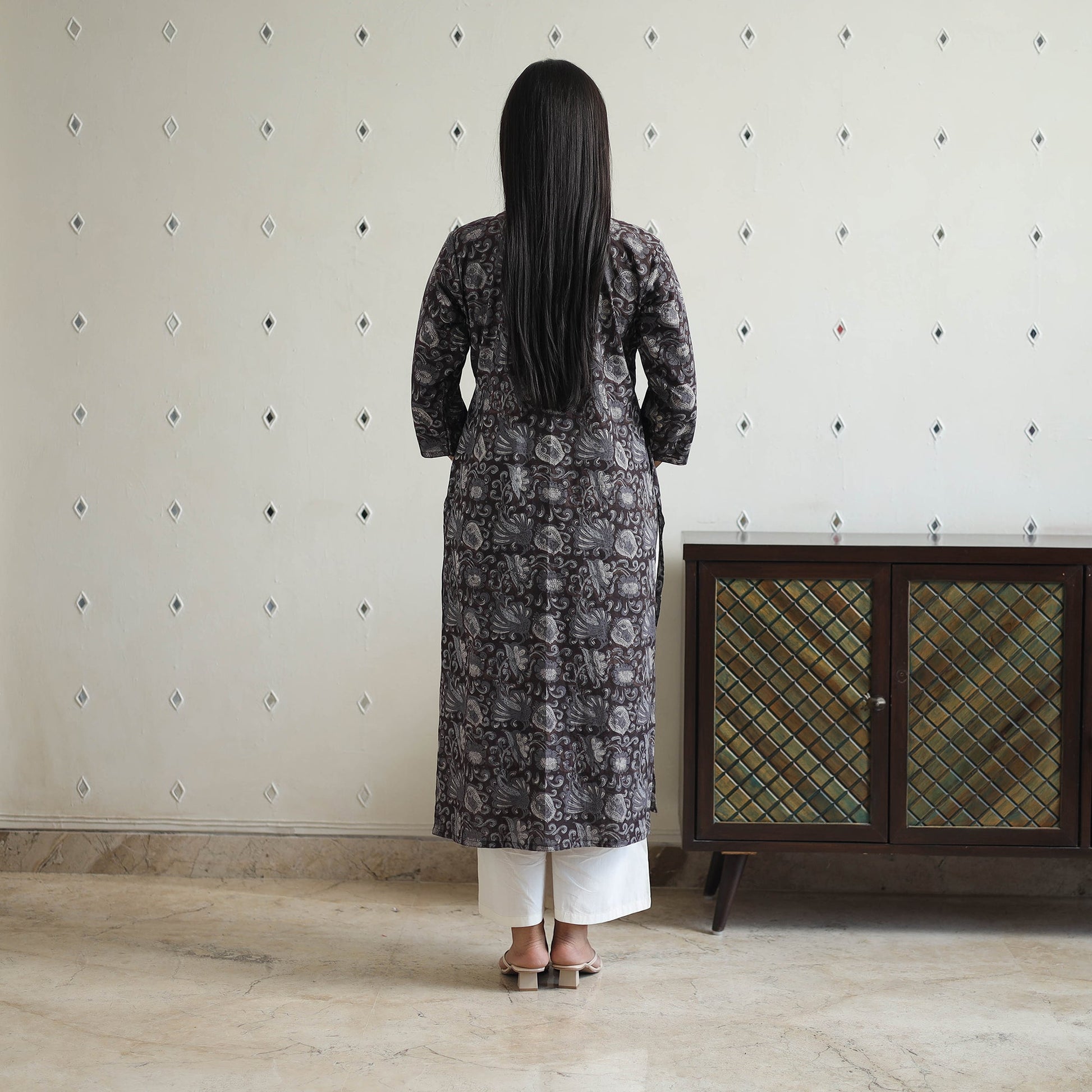 Black - Jahota Block Print Cotton Pintuck Straight Kurta 25