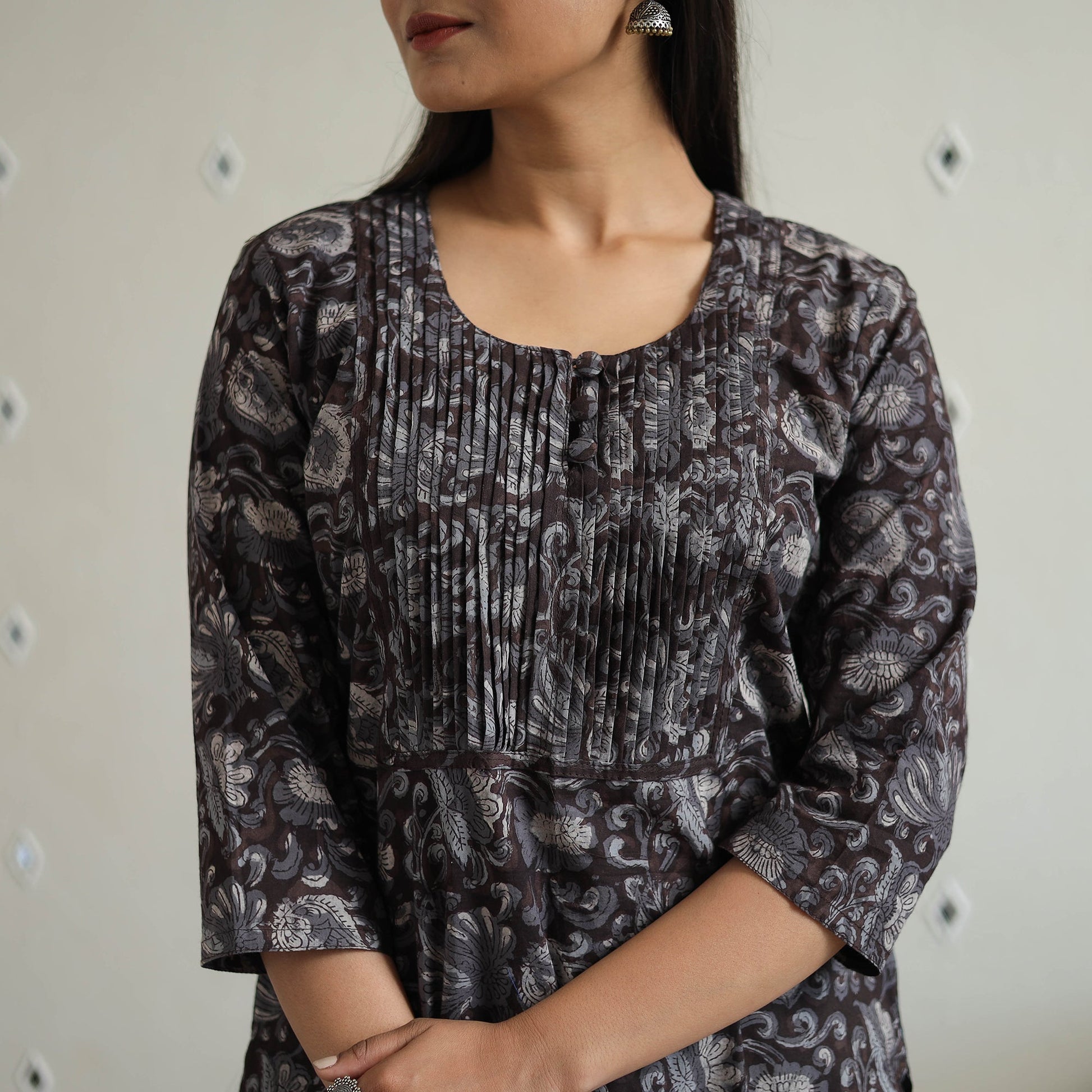 Black - Jahota Block Print Cotton Pintuck Straight Kurta 25