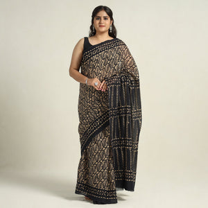 Brown - Mul Cotton Hand Batik Print Saree