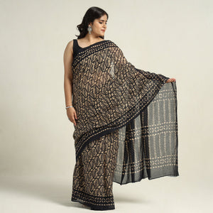 Brown - Mul Cotton Hand Batik Print Saree