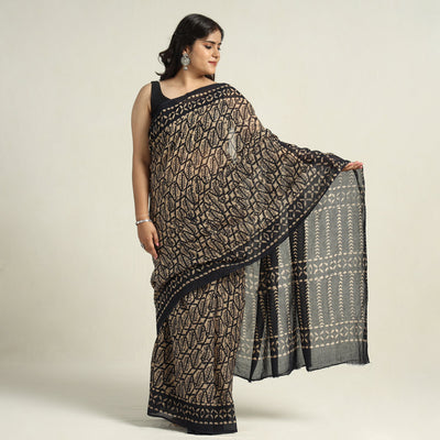 Brown - Mul Cotton Hand Batik Print Saree