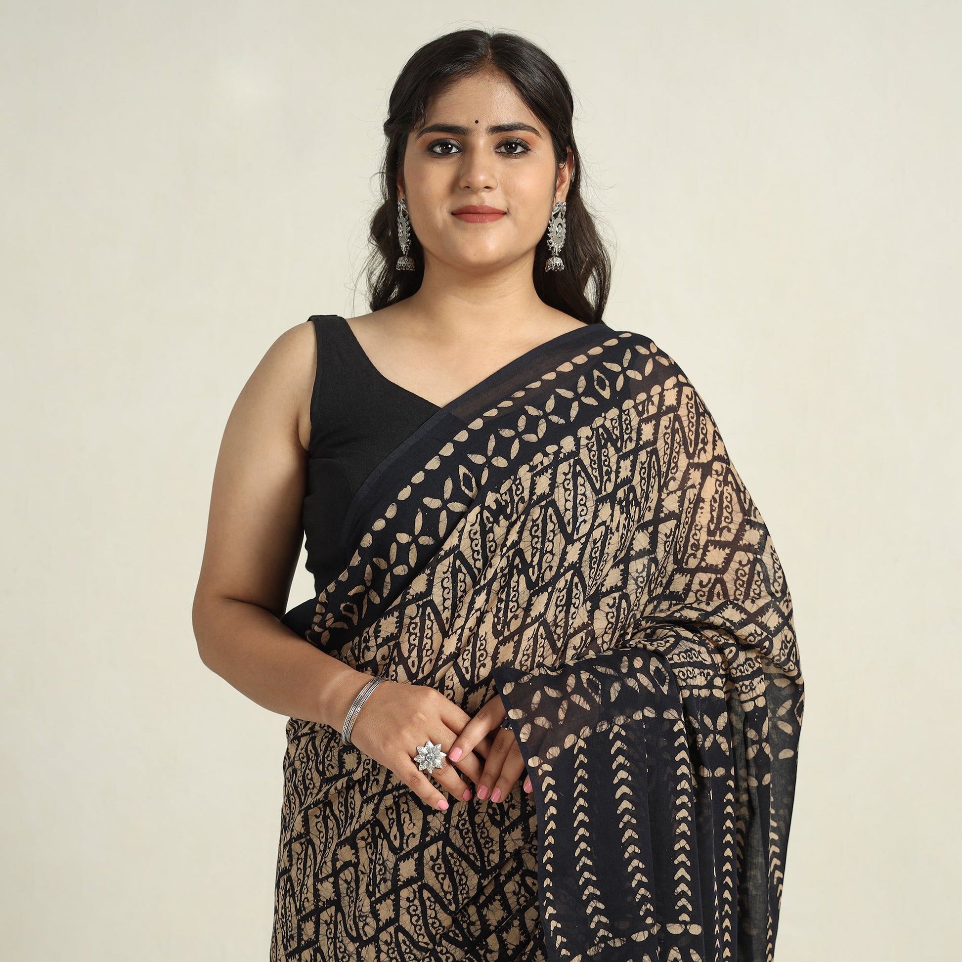 Brown - Mul Cotton Hand Batik Print Saree