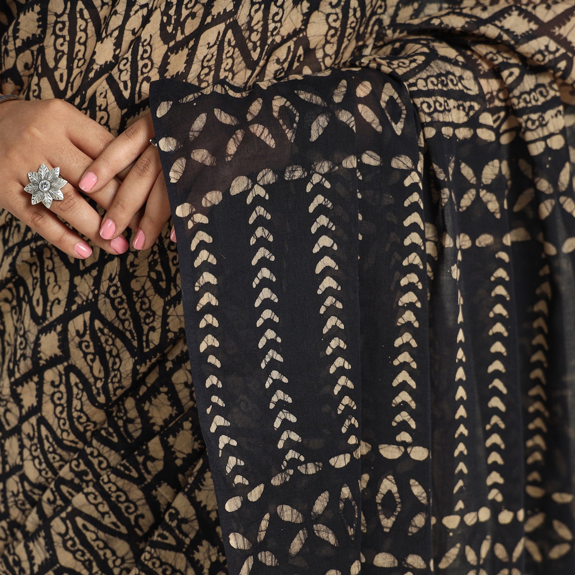 Brown - Mul Cotton Hand Batik Print Saree