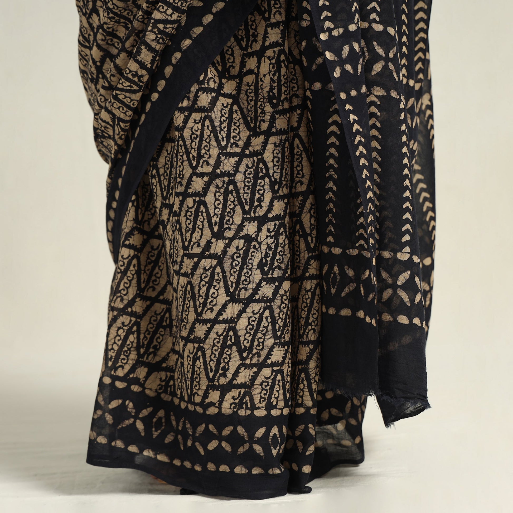 Brown - Mul Cotton Hand Batik Print Saree