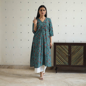 Blue - Hand Block Printed Cotton Straight Bagru Kurta 07