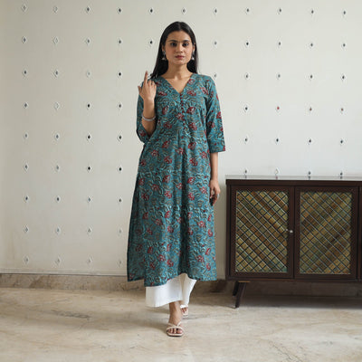 Blue - Hand Block Printed Cotton Straight Bagru Kurta 07