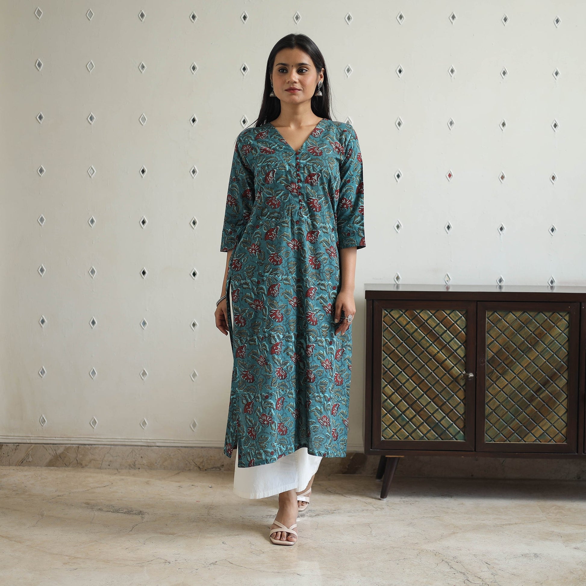Blue - Hand Block Printed Cotton Straight Bagru Kurta 07