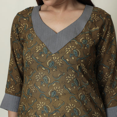 Brown - Mehndi Green - Ajrakh Block Printed Mul Cotton Straight Kurta 11