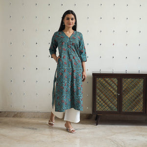 Blue - Hand Block Printed Cotton Straight Bagru Kurta 07