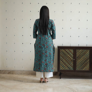 Blue - Hand Block Printed Cotton Straight Bagru Kurta 07
