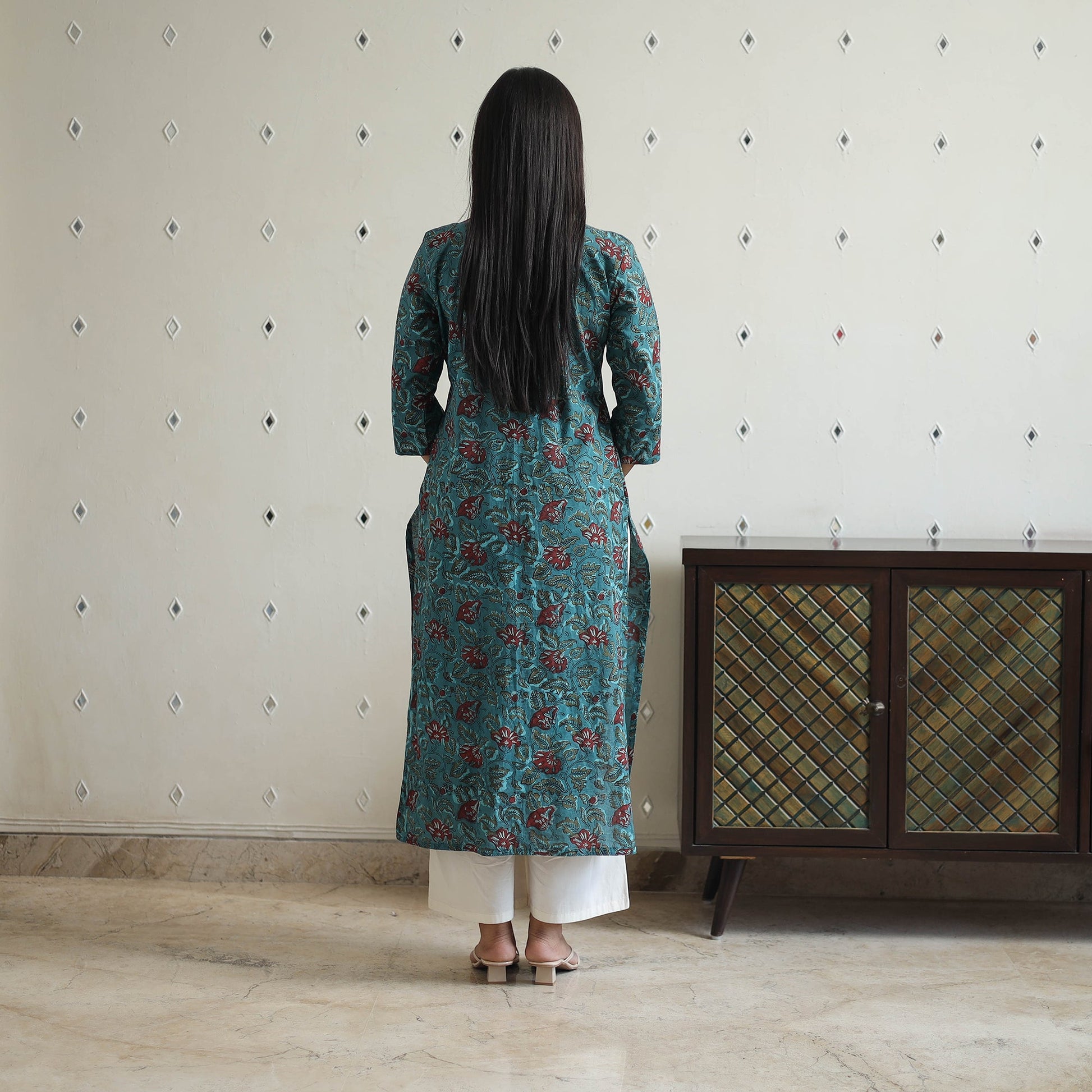 Blue - Hand Block Printed Cotton Straight Bagru Kurta 07