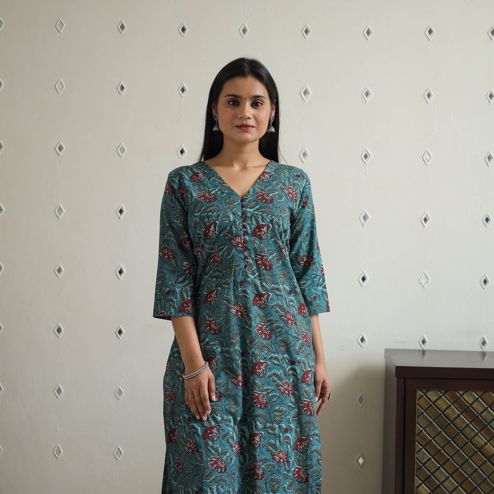 Blue - Hand Block Printed Cotton Straight Bagru Kurta 07